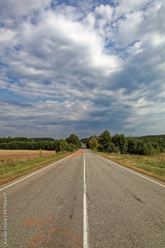 Fototapeta premium Asphalted road against the blue sky with clouds.