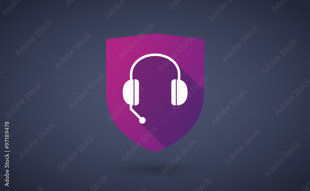 Long shadow shield icon with a hands free phone device Long shadow shield icon with a hands free phone device