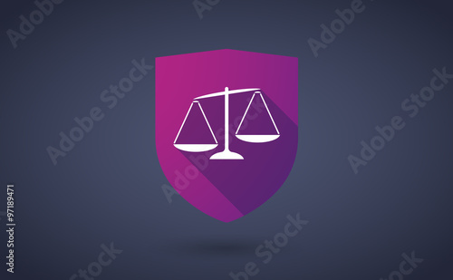 Long shadow shield icon with  an unbalanced weight scale