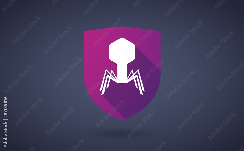 Long shadow shield icon with a virus Long shadow shield icon with a virus