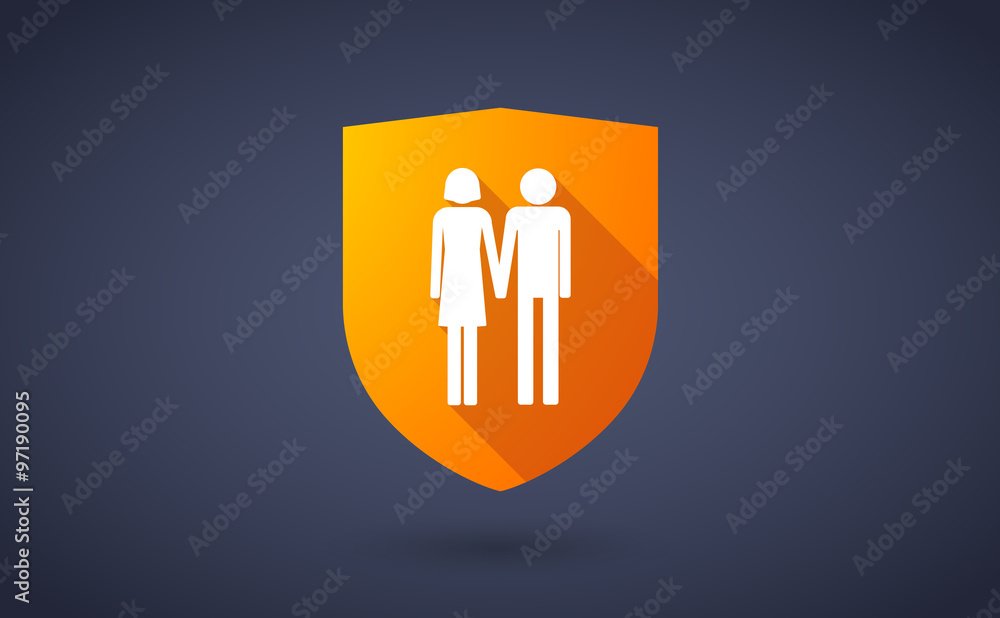 Long shadow shield icon with a heterosexual couple pictogram Long shadow shield icon with a heterosexual couple pictogram