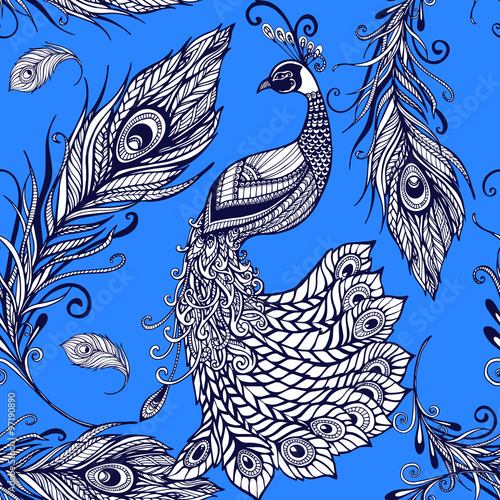 Peacock bird feathers seamless background pattern