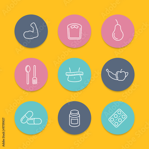 Diet, nutrition, fat loss round flat icons, vector illustration