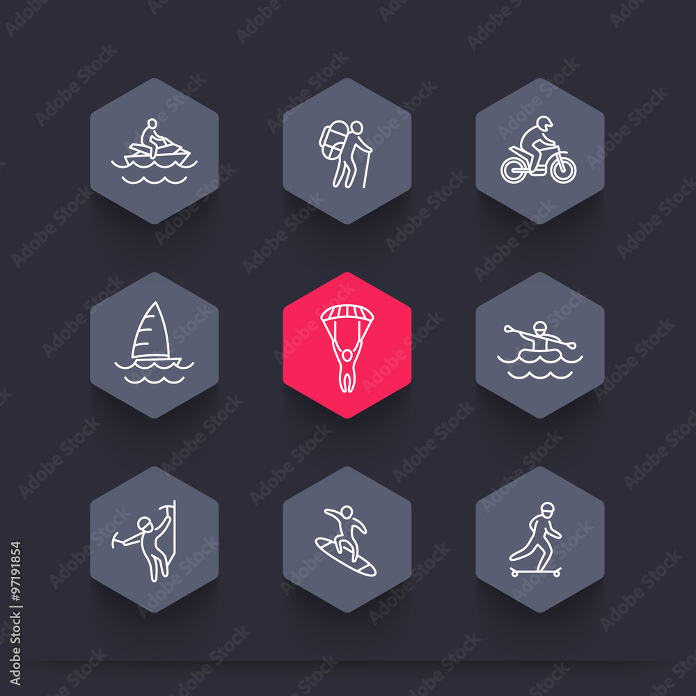 extreme outdoor activities line hexagon icons, vector illustration extreme outdoor activities line hexagon icons, vector illustration