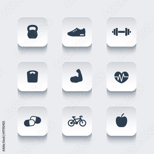 Fitness icons, rounded square modern icons set, vector illustration