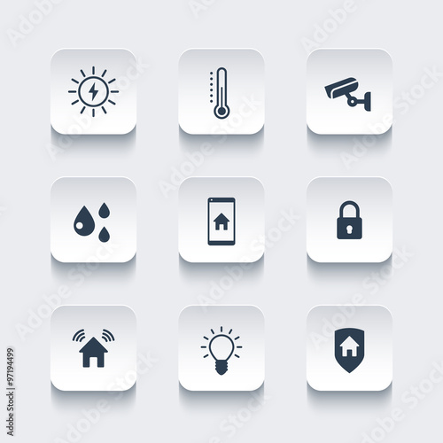Smart house, rounded square icons set, vector illustration