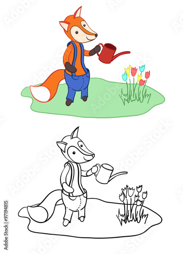 Cute fox watering flowers. For colouring.