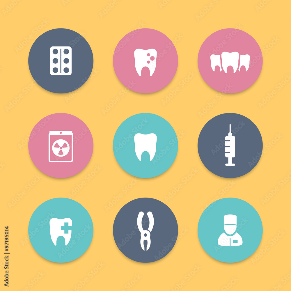 Teeth, dental care, tooth cavity, toothcare, stomatology, round flat icons, vector illustration