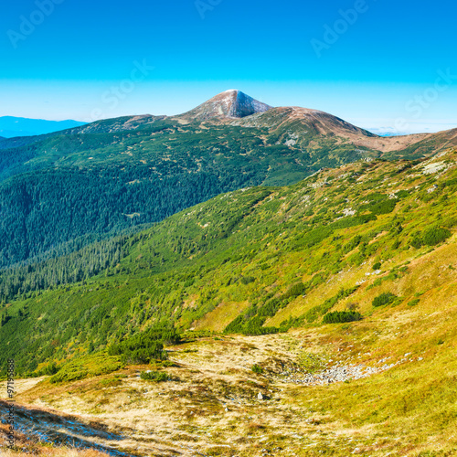 Top of the mountain in the green valley © Pavlo Vakhrushev