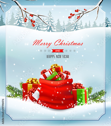 Christmas greeting card with sack full of gift boxes. Winter landscape.