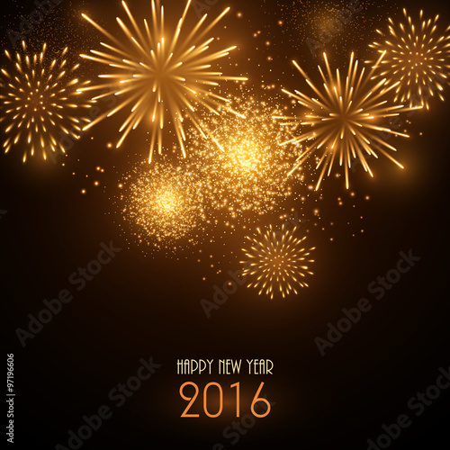 Colorful fireworks on black background. New Year greeting card.