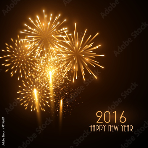 Colorful fireworks on black background. New Year greeting card.