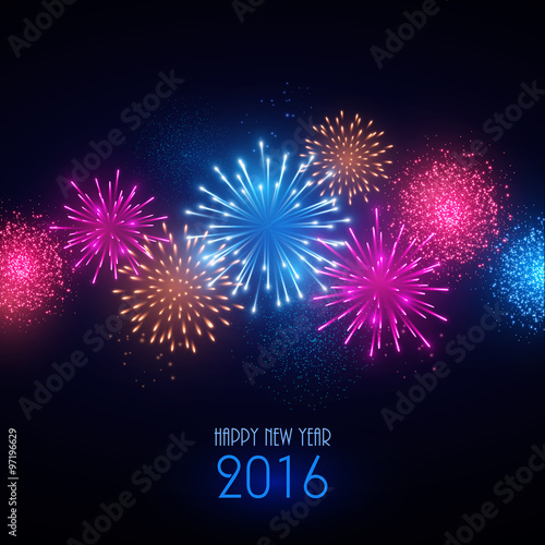 Colorful fireworks on black background. New Year greeting card.