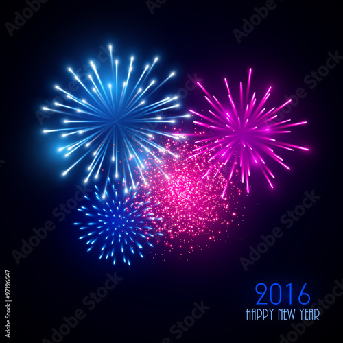 Colorful fireworks on black background. New Year greeting card.