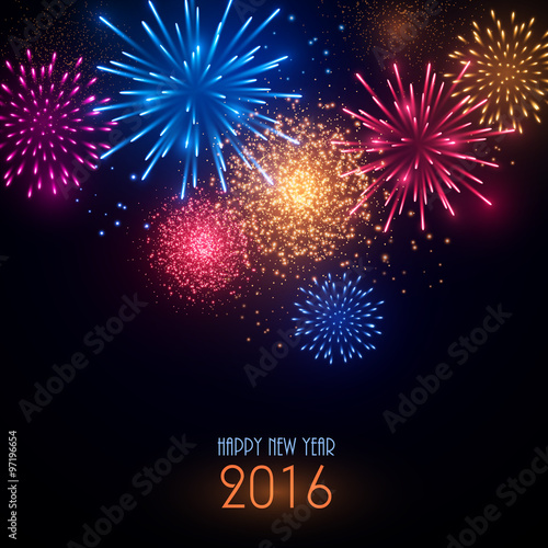 Colorful fireworks on black background. New Year greeting card.