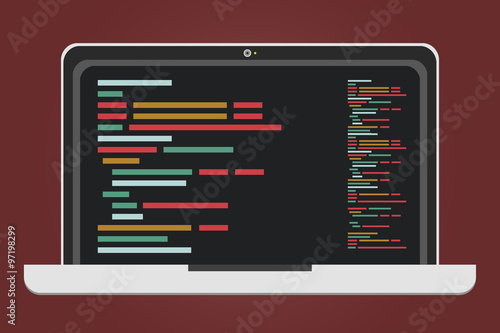 Vektorisierter Notebook auf rotem Hintergrund mit Code Fragment  im Display