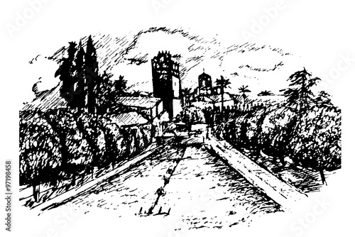 drawing of the garden and Alcazar Alcazar in Cordoba, Andalucia hand drawn sketch vector illustration