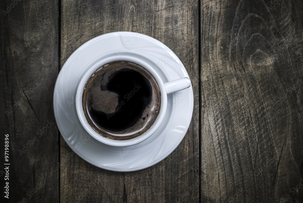 Overhead view of a freshly brewed mug of black coffee Overhead view of a freshly brewed mug of black coffee