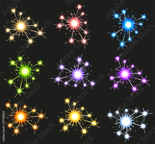 Set fireworks sparkler on black background