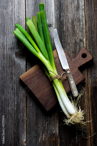 Green Onion on wooden background