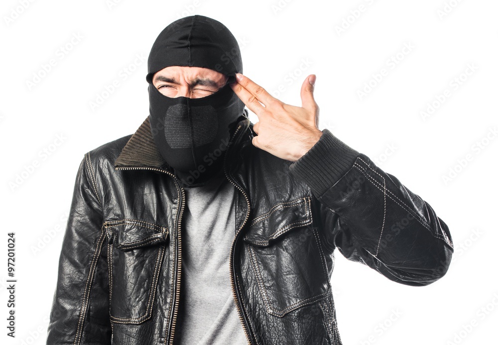 Robber making suicide gesture
