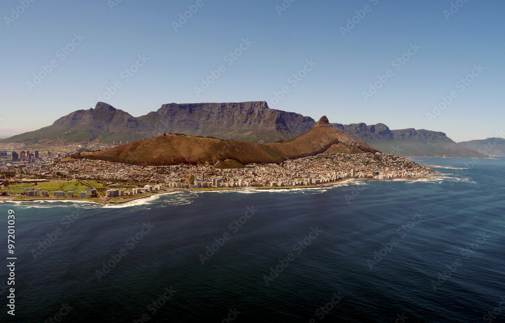 aerial view across the ocean to table mountain, cape town