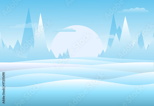 Vector. Winter landscape with mountains, clouds and snowy hills