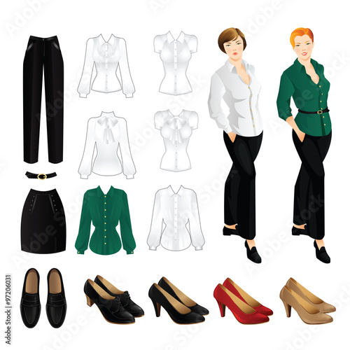 Woman in black pants and white blouse with gold button. Girl in loafers shoes. Set of clothes for office. Classic woman red shoes on high heel