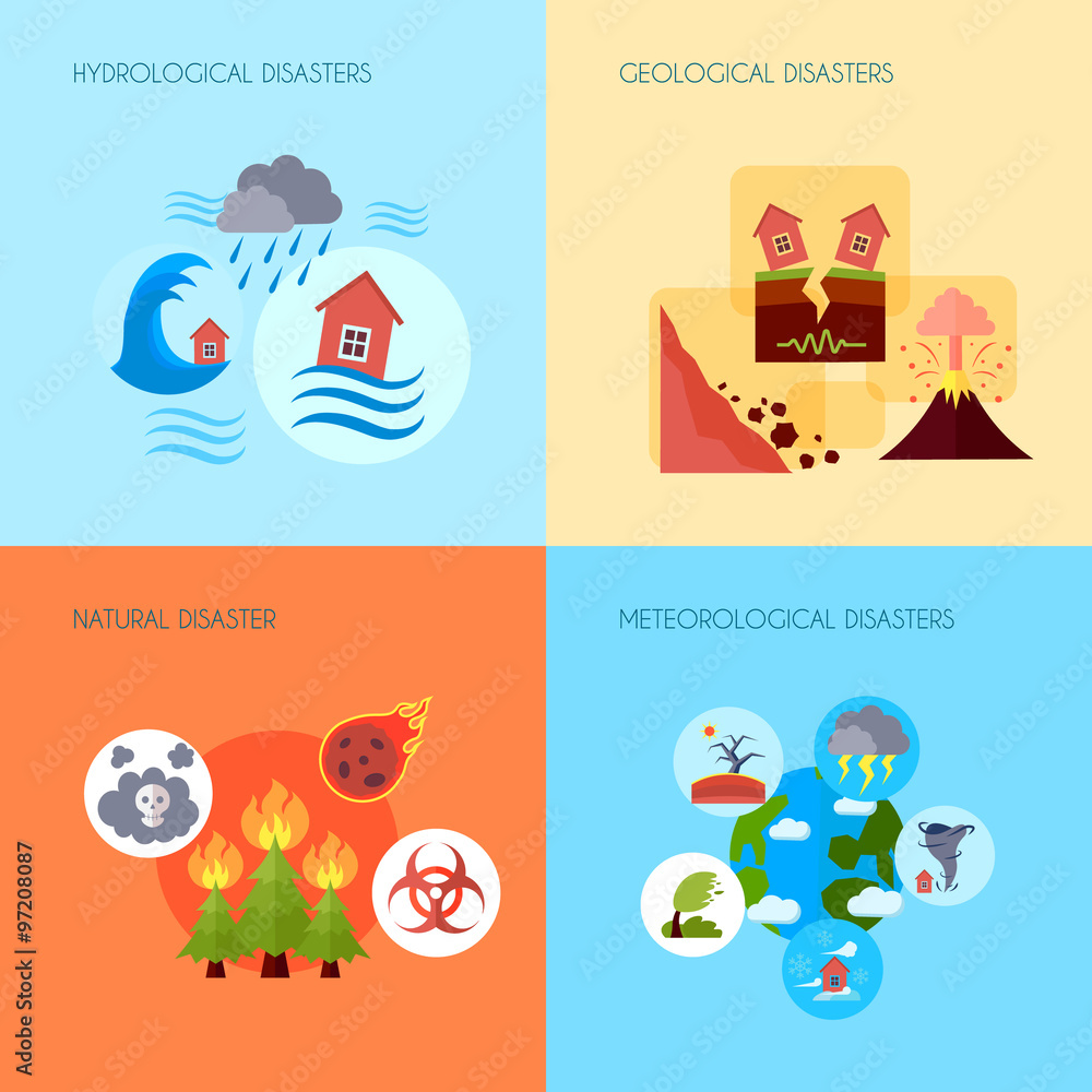 Natural disaster 4 flat icons square Natural disaster 4 flat icons square