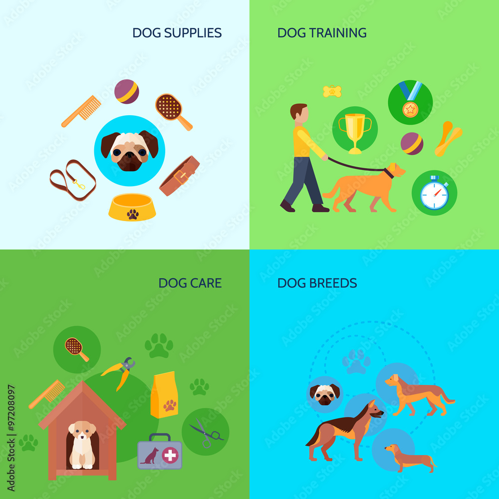 Dog 4 flat icons square banner Dog 4 flat icons square banner