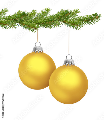 Goldene Christbaumkugeln am Tannenzweig