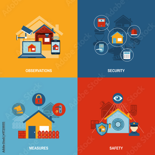 Home security 4 flat icons square 