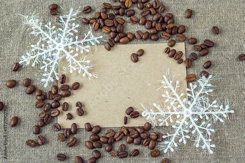 Blank card with snowflakes and coffee beans