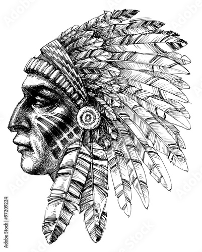 Native american indian warrior profile with war headdress, t-shi