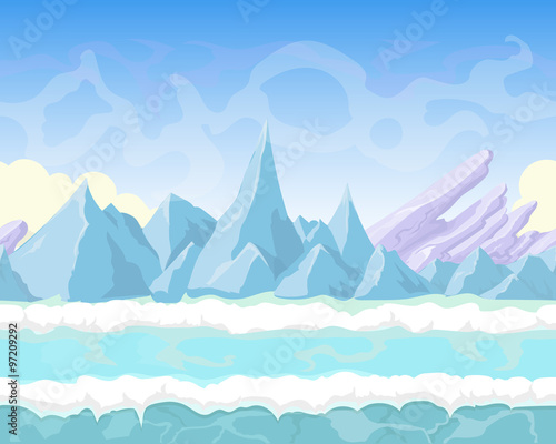 Seamless vector cartoon fantasy landscape with mountains, snow and ice for game design