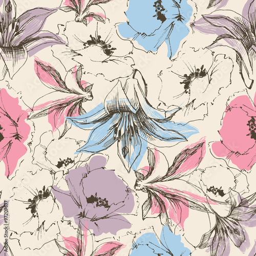 Floral seamless pattern, lilies and poppy print on paper or text