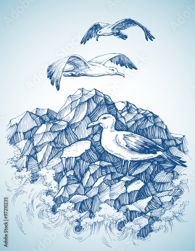 Seagulls over rocky sea shore etch, label design