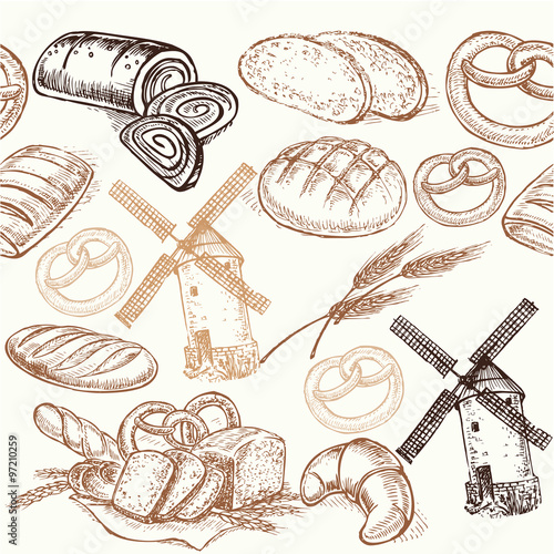 hand drawn sketch illustration bakery seamless pattern