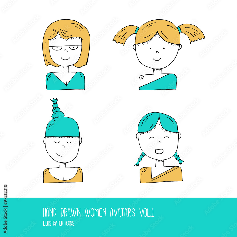 Set of Hand Drawn Flat Line Design People Icon avatars for Socia Set of Hand Drawn Flat Line Design People Icon avatars for Socia