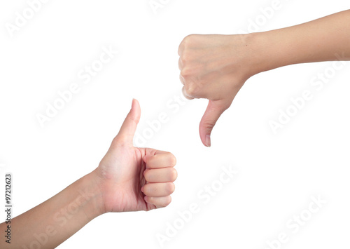 Young man his hand like with unlike thumb up isolated white back