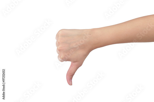 Young man his hand unlike thumb up isolated white background.