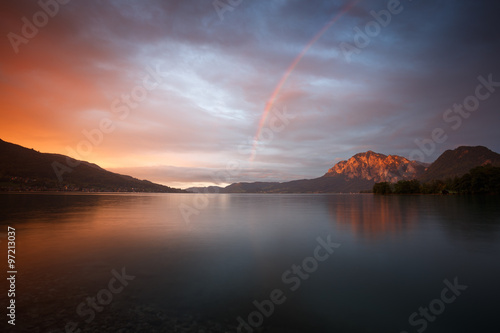Rainbow above mountains near lake Attersee, Salzkammergut after a storm has cleared