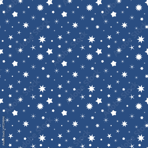 Vector seamless pattern for web design, prints etc. Modern stylish texture. Repeating background with white stars jn blue sky can be copied without any seams