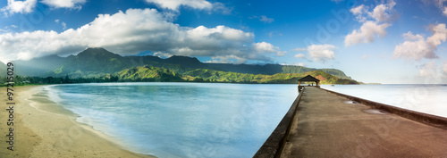Widescreen panorama of Hanalei Bay and Pier on Kauai Hawaii photo