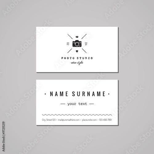 Photo studio business card design concept. Photo studio logo with photo camera, crown and heart. Vintage, hipster and retro style. Black and white.