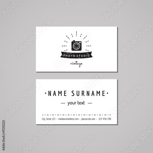 Photo studio business card design concept. Photo studio logo with photo camera, rays and ribbon. Vintage, hipster and retro style. Black and white.