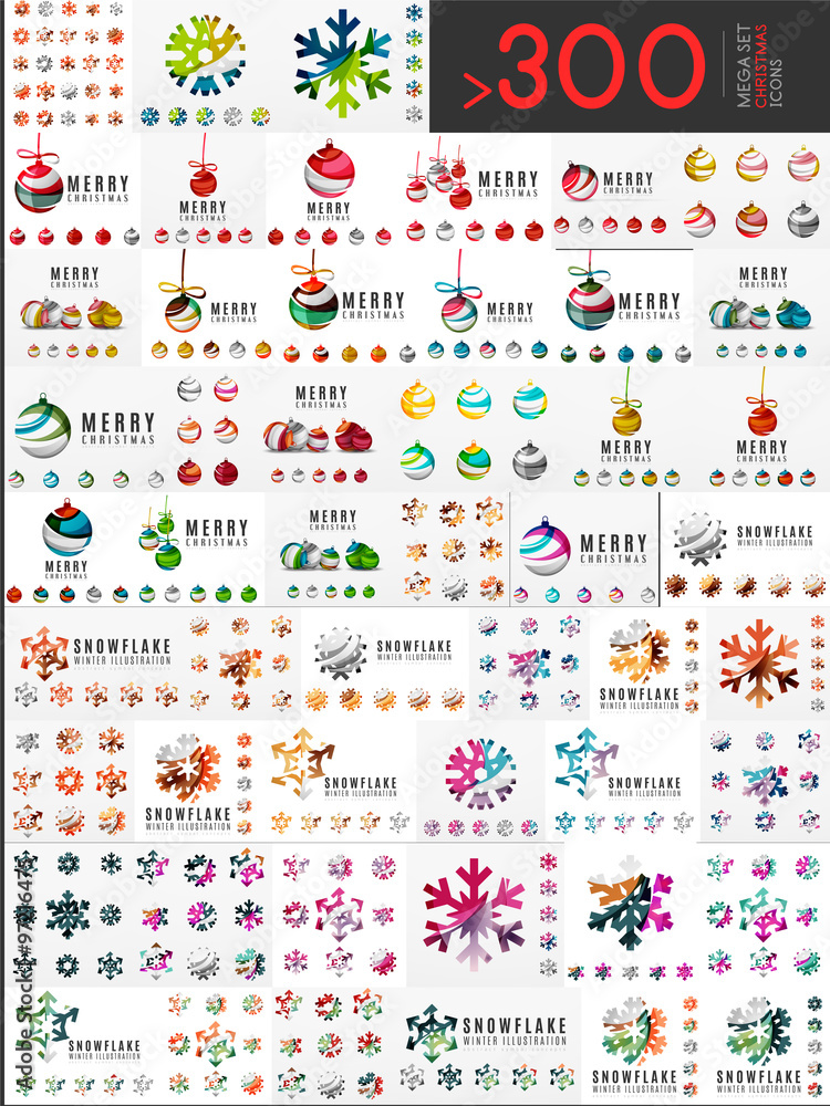 Mega set of Christmas Logos. Abstract tree, snow and ball symbols. Vector illustration, icons and logotypes winter and New Year Mega set of Christmas Logos. Abstract tree, snow and ball symbols. Vector illustration, icons and logotypes winter and New Year
