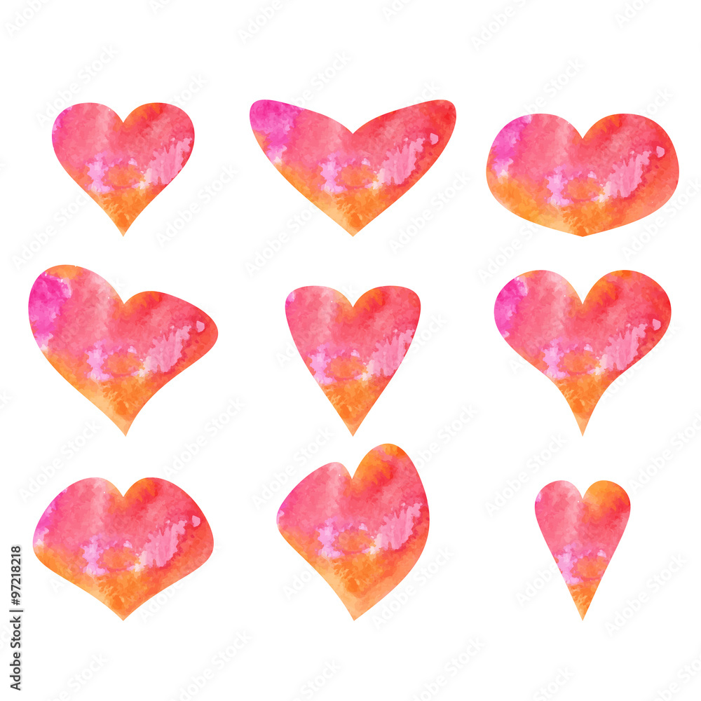 Set of beautiful watercolor hearts.Vector
