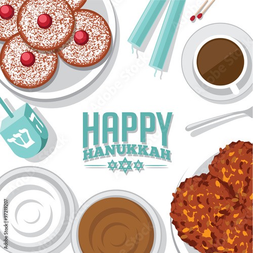 Canvas Print Bird's eye view background of Jewish holiday Hanukkah with menorah candles, donuts, dreidel, potato pancakes (latkes), applesauce and sour cream