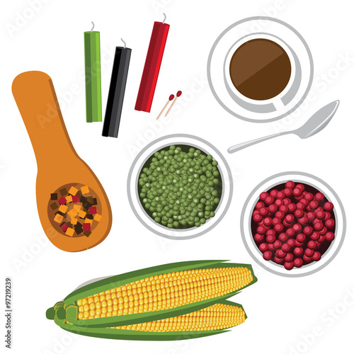 Bird's eye view of holiday Kwanzaa with candles, corn, peas, cranberries and squash. Royalty free illustration.